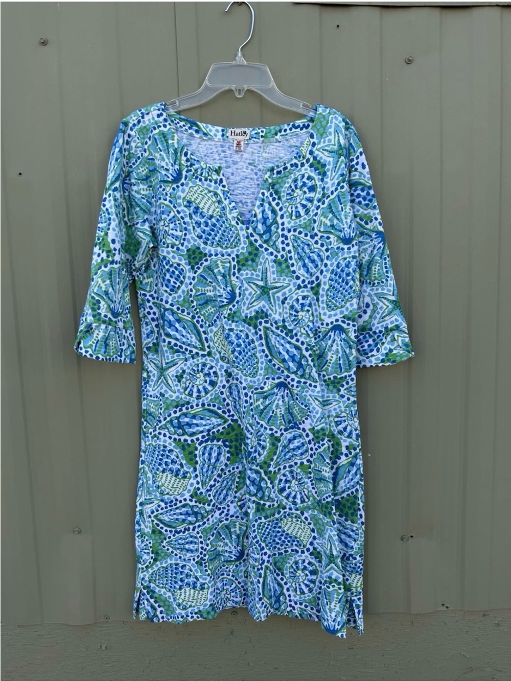 Hatley Women Sheath Dress Size Sm Batik Shell Print Teal 100% Cotton 3/4 Sleeves